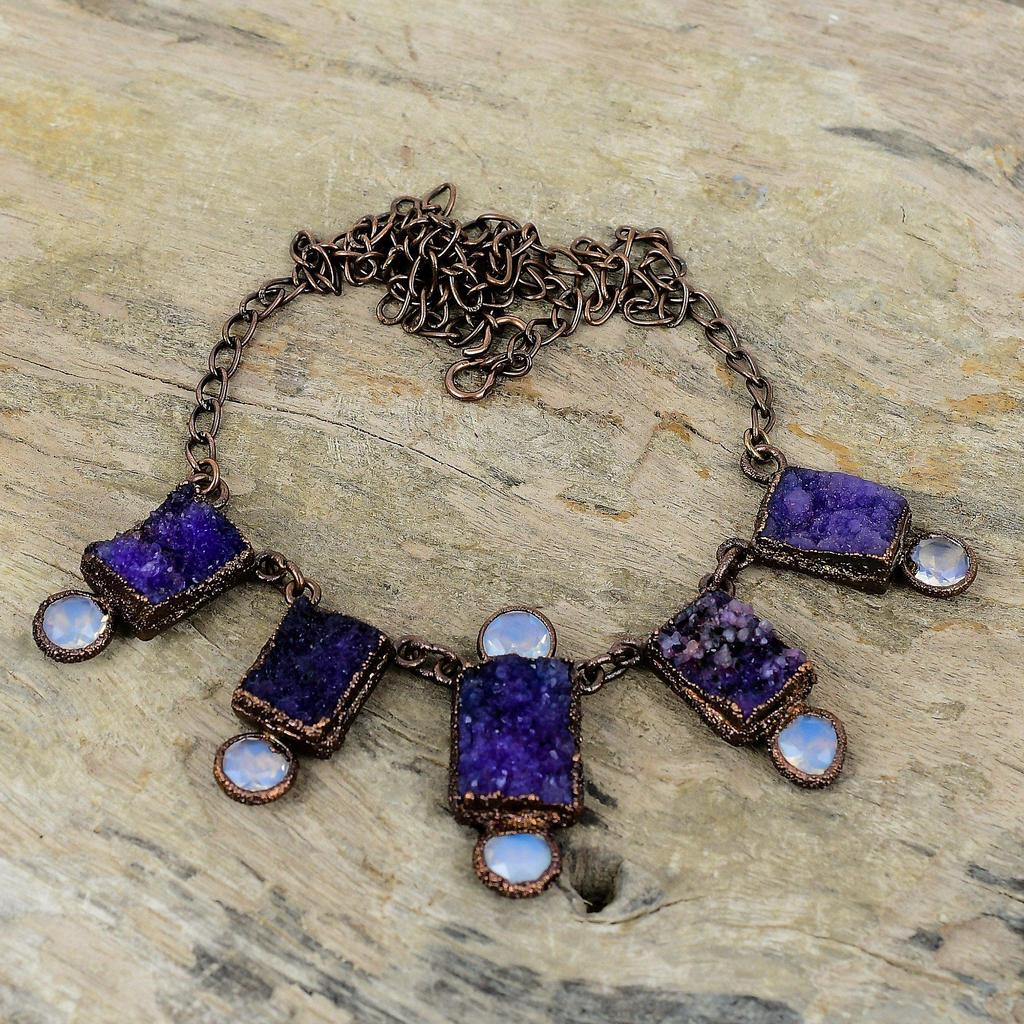 Purple Druzy Gemstone Necklace Electroformed Copper Necklace Adjustable Chain Necklace Handmade Electroformed Jewelry Milky Opal Necklace