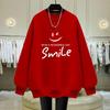 Women's Round Neck Sweatshirt Loose Plus Velvet Thickened Autumn and Winter New Korean Version Letters Smiling Mid-length Top