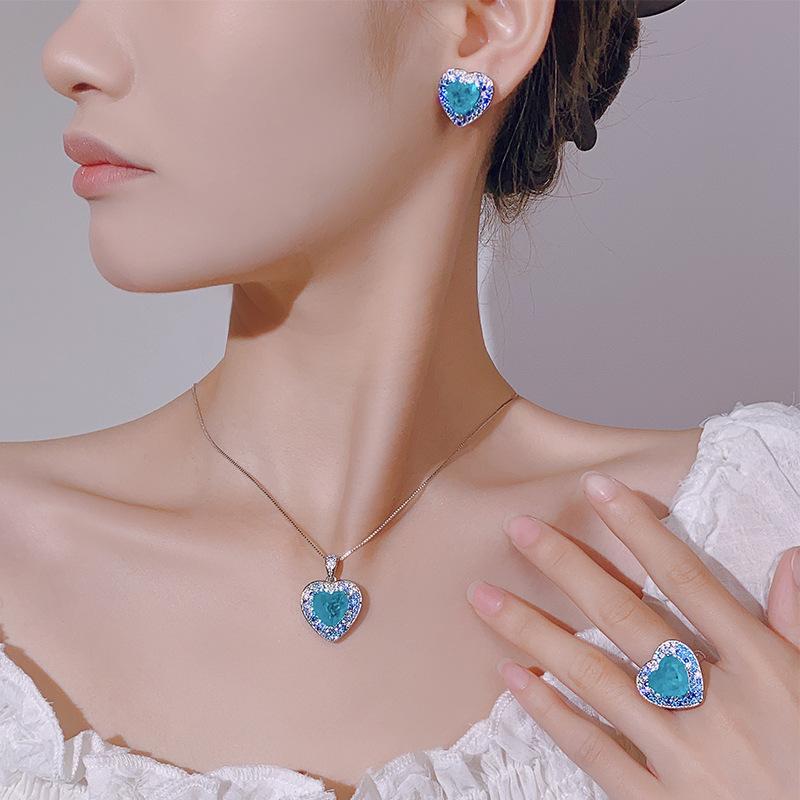Ювелирный набор Кольцо Ожерелье Серьги Сердце Океана Параиба Blu-Ray Премиум Женские украшения