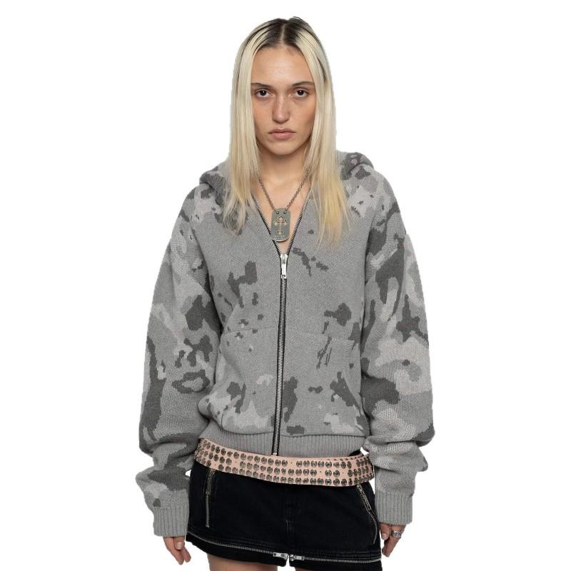 Unisex Camo Hooded Zip-Up Sweater Oversized Streetwear Knit Pullover Winter