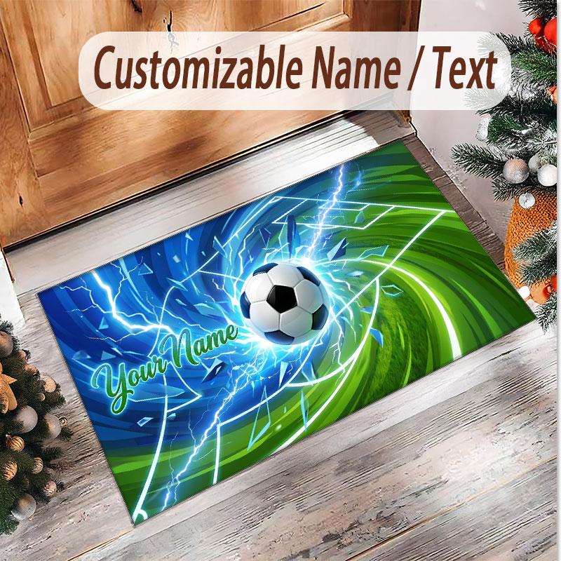 Soccer Theme Soft Crystal Velvet Rug Custom Name & Text Print Non Slip Floor Rug for Bedroom Living Room
