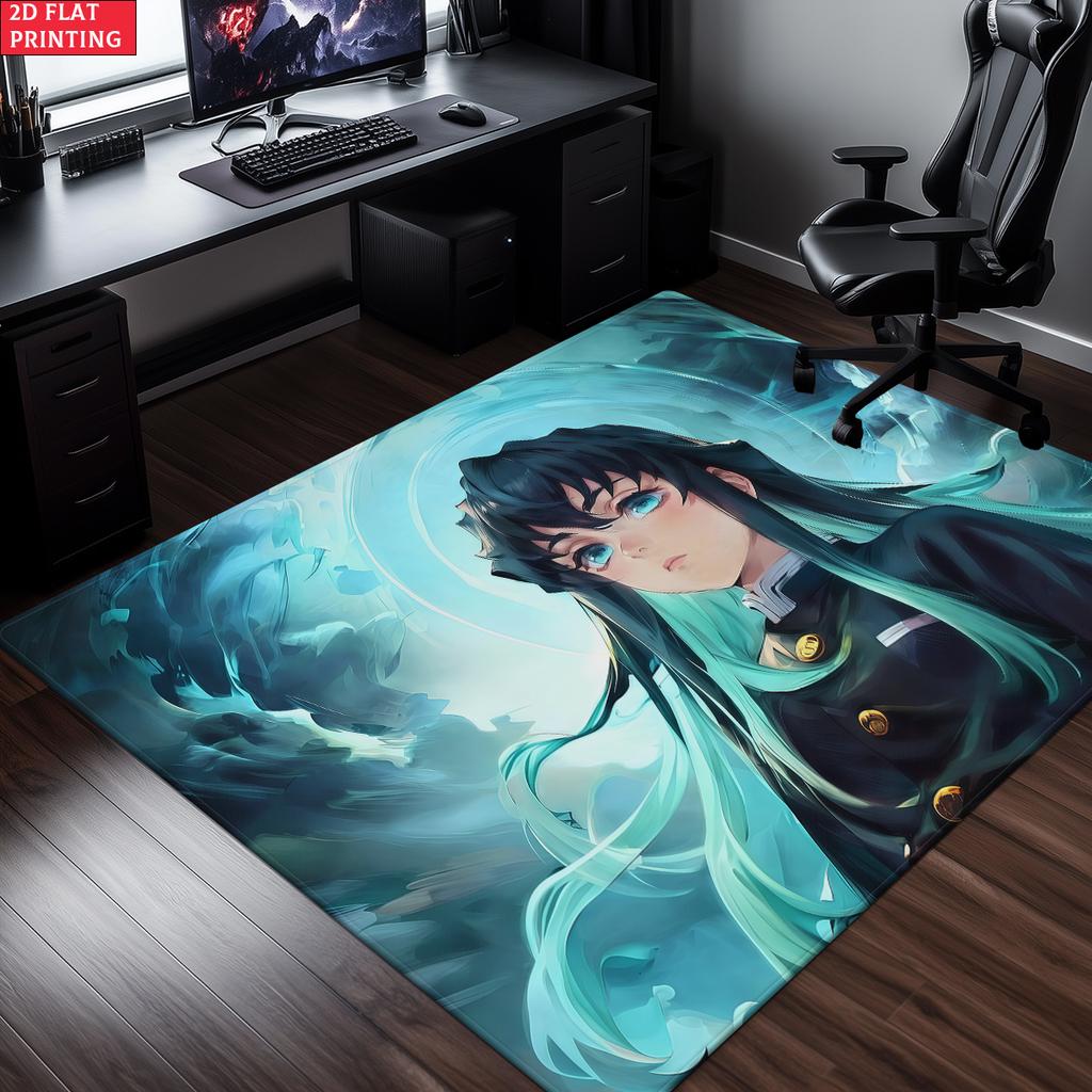 Anime Swordsman Area Rug, Cyan Water Theme Non-slip Floor Mat, Decorative Carpet for Gaming Room Bedroom, Washable Home Gift