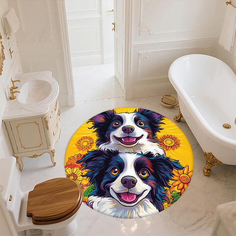 Dog on Yellow Background,Round Area Rug,Carpet Rug for Living Room Bedroom Sofa Playroom Decor,Non-slip Floor Mat
