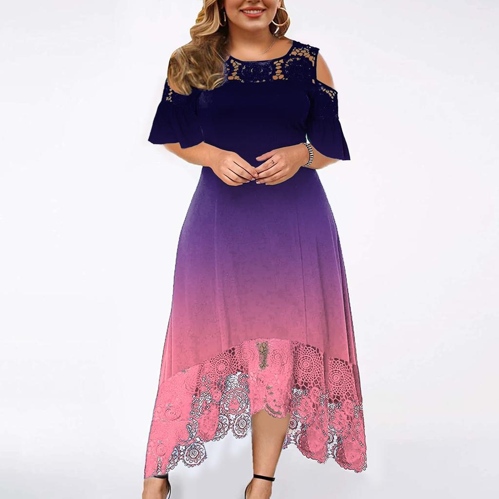 Plus Size Fashion Gradient Print Womens Lace Stitching Ruffle Short-Sleeved Strapless Sheath Dress