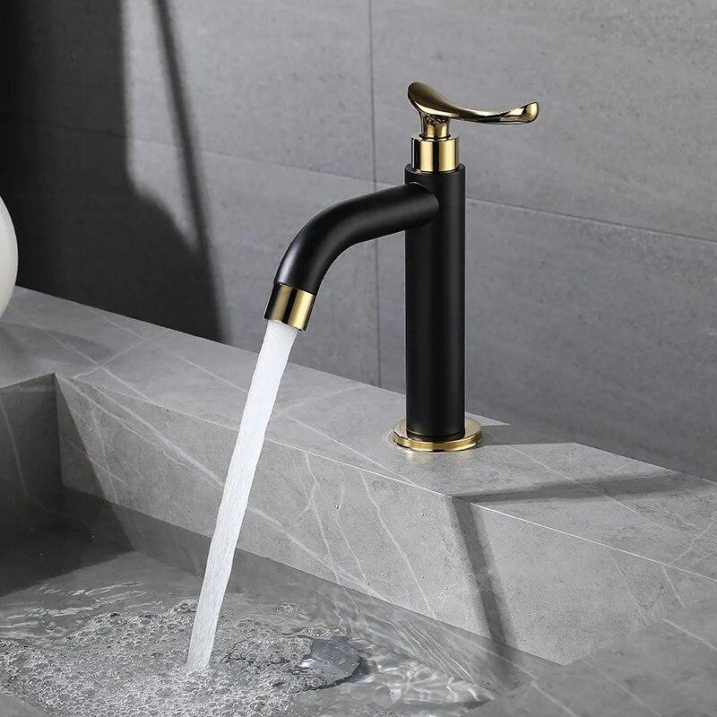 Смеситель для раковины в ванной комнате, одинарный смеситель для раковины в ванной комнате из нержавеющей стали 304, холодная вода, черный и золотой смеситель для умывальника с одной ручкой
