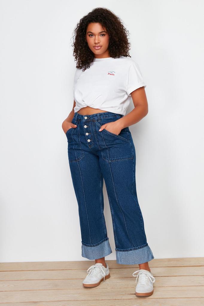 Женские темно-синие джинсы прямого кроя больших размеров с отворотами