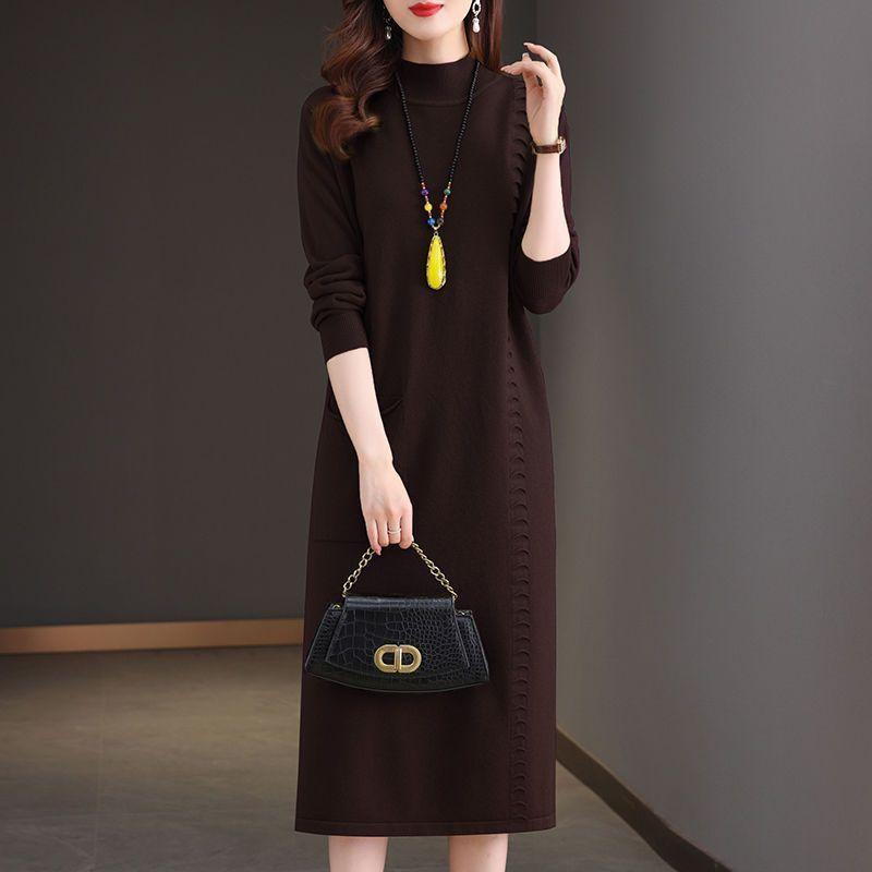 Вязаное платье длиной до колена Женское платье средней длины свободного кроя Большого размера Платье-свитер Однотонный Повседневный Пуловер с полувысоким воротом