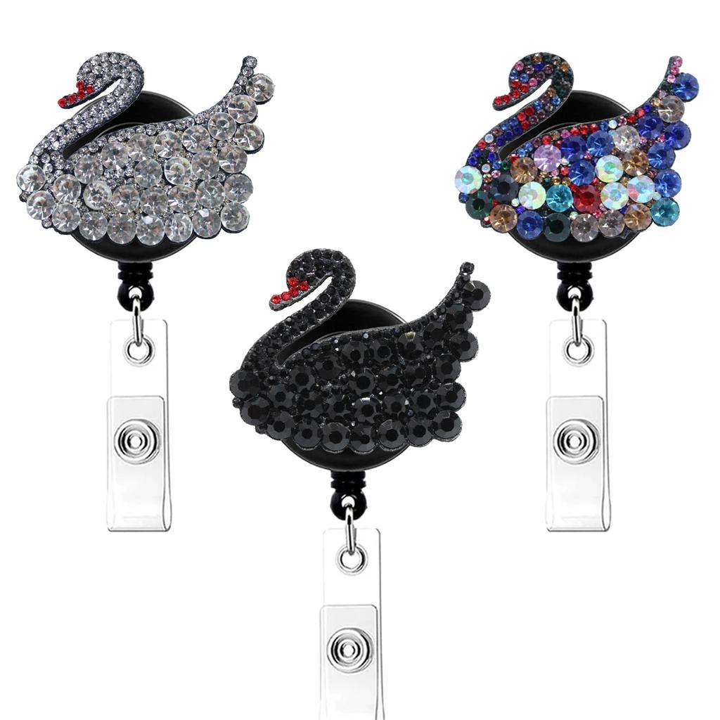 Swan Rhinestone Badge Holder Reliable Swivel Alligator Clip Retractable Badge Reel Convenient Id Holder Reel For Office