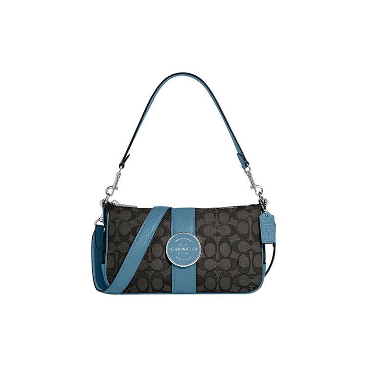 New COACH Lonnie Fabric With Cow Leather Shoulder Bag, Portable Crossbody Bag Women's Charcoal Black & Pacific Blue C8306-SVUQ3