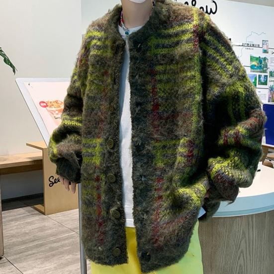 Осень-зима вязаный свитер кардиган однобортный круглый вырез ретро американский стиль толстый эластичный длинный рукав свободный теплый трикотаж повседневная одежда