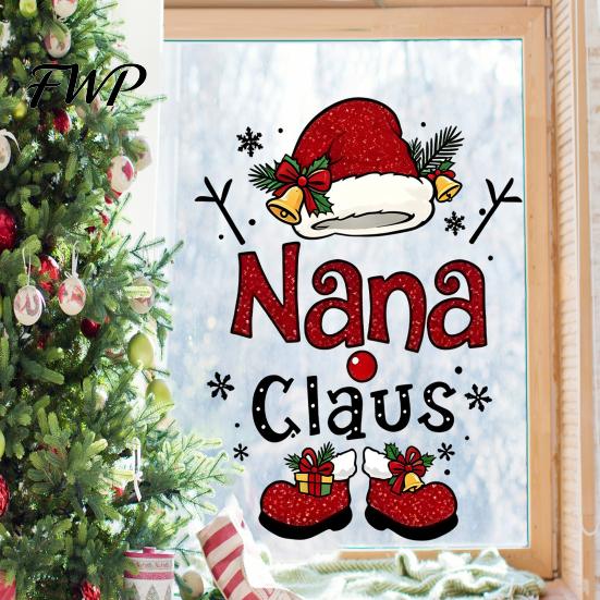 Transparent Window Decorations Nana Claus Sticker, Christmas Static Cling Removable Clings PVC Holiday Decal for Home Shop Glass Door
