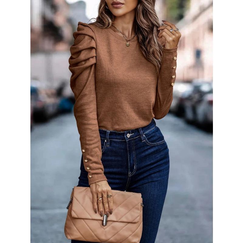 Модные повседневные футболки с длинным рукавом и пуховиком, женские осенние новые винтажные футболки с круглым вырезом, женские элегантные облегающие футболки больших размеров для офиса, женские футболки 2475