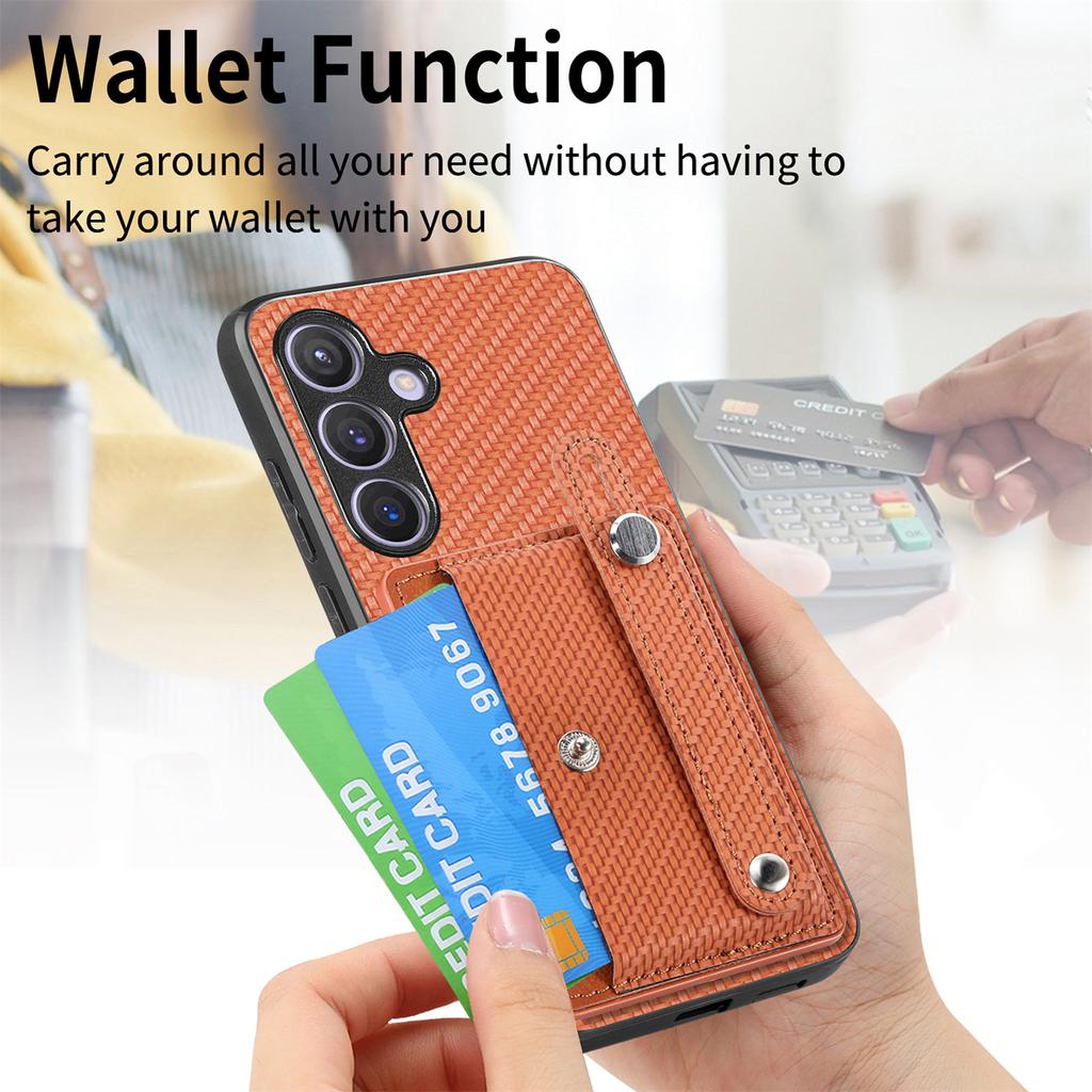 Чехол для Samsung Galaxy S25+ Кожаная задняя крышка телефона с текстурой карбона и держателем для карт