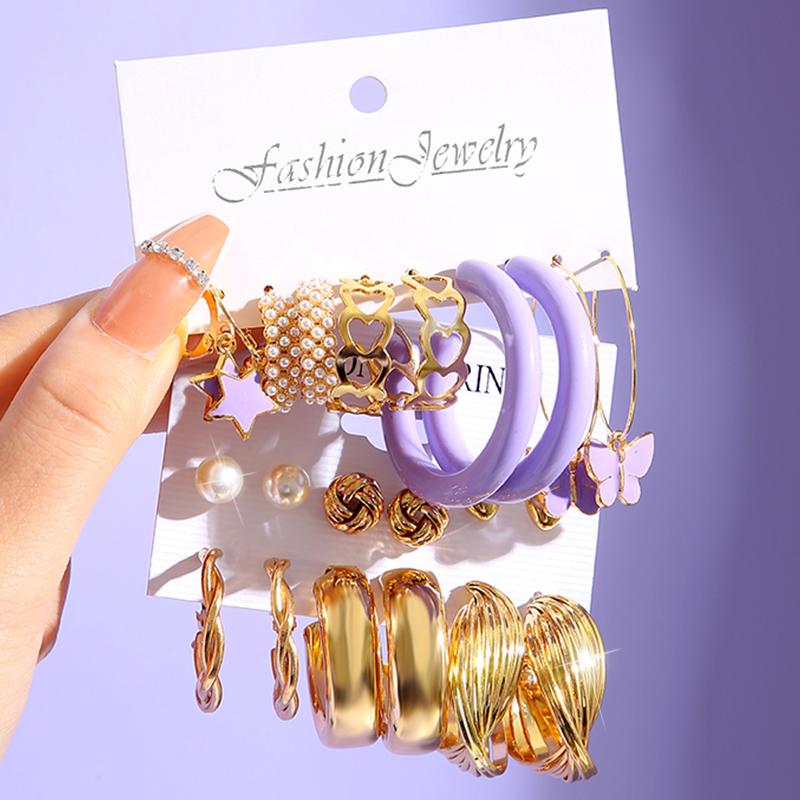 Colorful Resin Butterfly Earrings Set Pearl Purple Green Acrylic Gold Color Metal Hoop Earrings for Women Fashion Party Jewelry