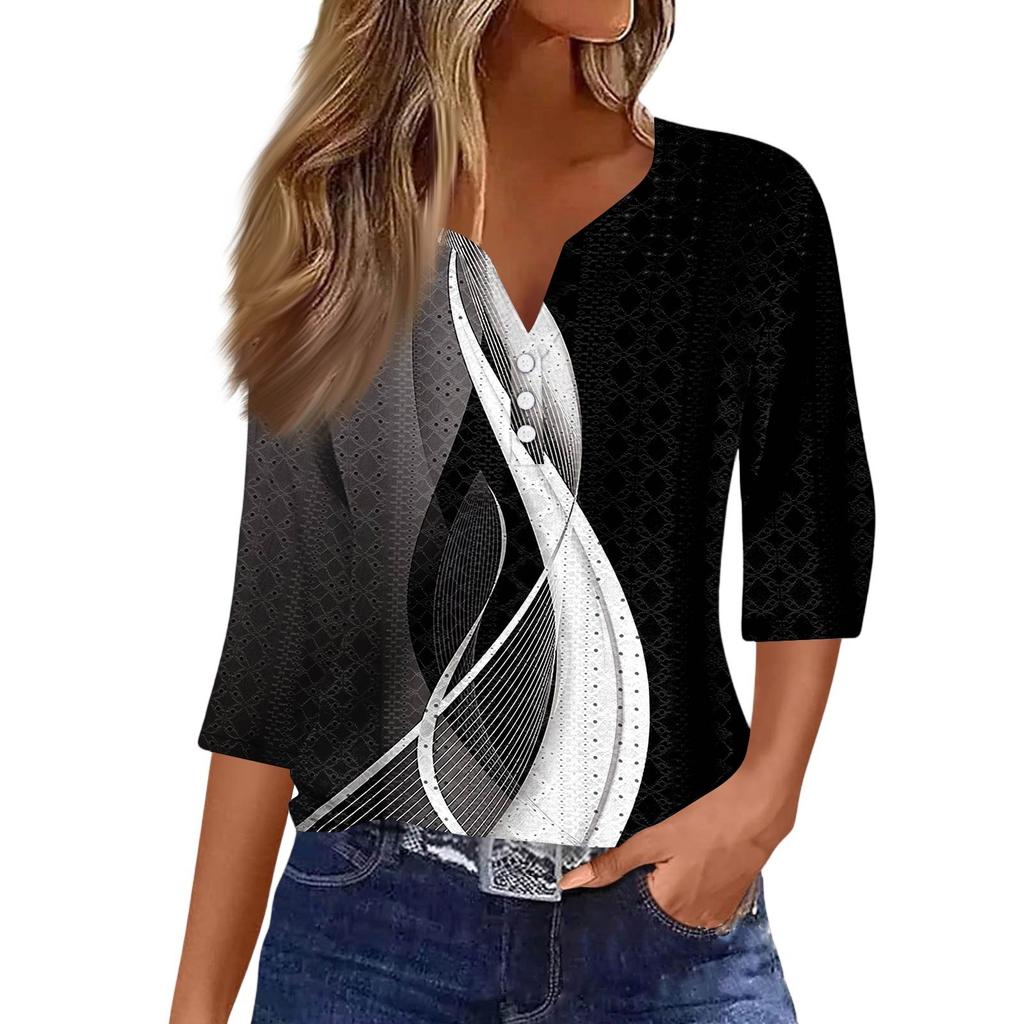 Women's Fashion V-Neck Button Seven Sleeve T-Shirt Casual Geometric Splicing Printed Top