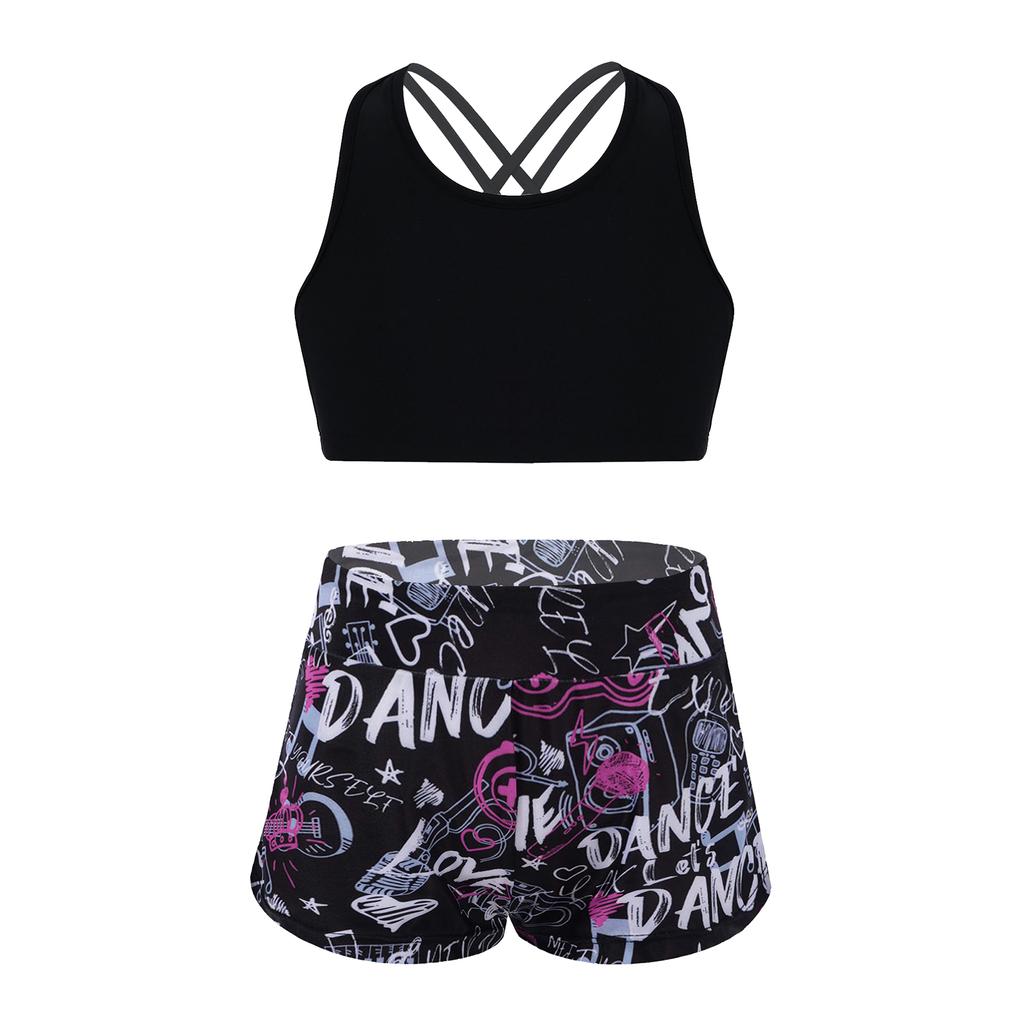 Girls 2 Piece Sport Set U Neck Spaghetti Straps Cropped Top Criss Cross Back Pink Lily Print Shorts Gym Yoga Outfit