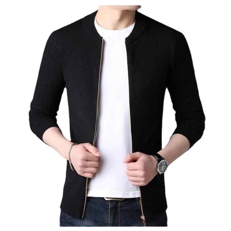Solid Color Cable Knit Zipper Cardigan - Slim Fit, Stand Collar, Warm Outerwear