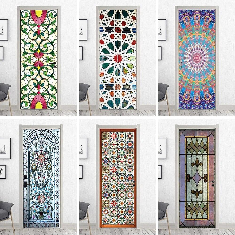 3D Geometric Door Sticker Self-adhseive Vinyl Full Door Wrap Cover Stickers Modern Abstract Geometry Wall Art Mural Decorations