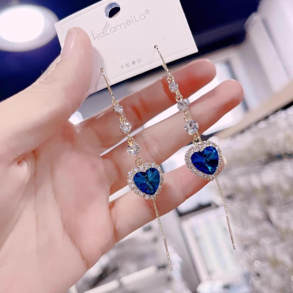 Элегантные женские серьги Love с голубыми кристаллами – длинные, роскошный дизайн