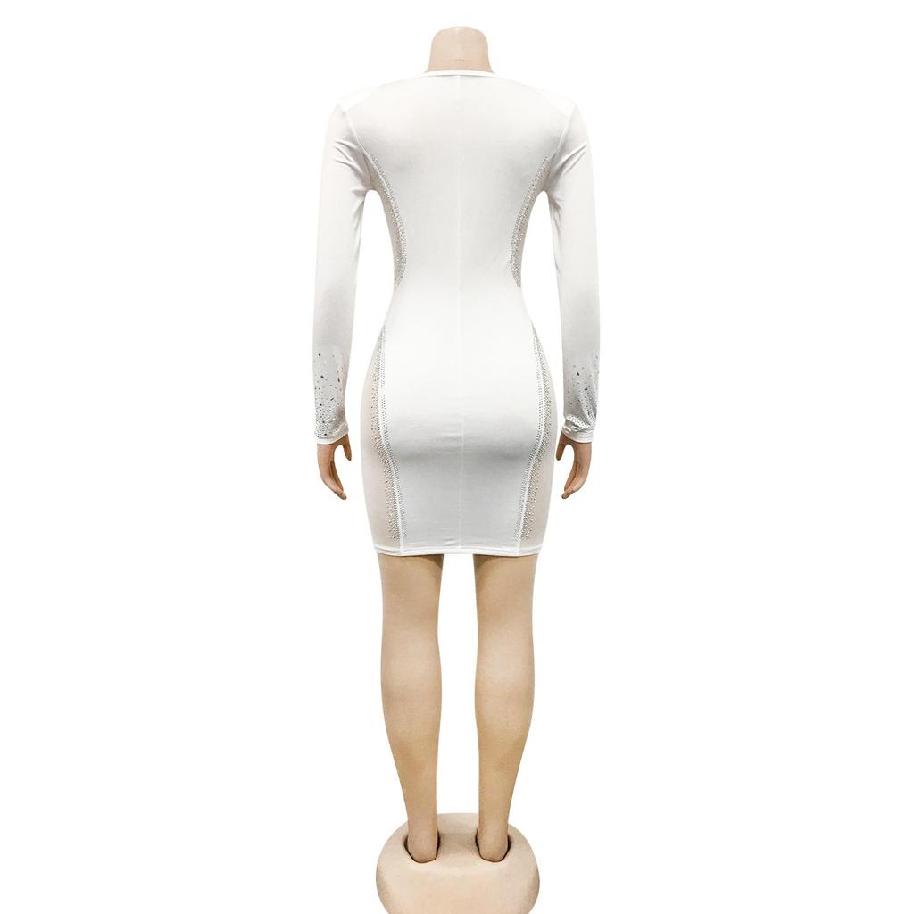X5337: Sexy Deep V Rhinestone Party Dress with See-through Midi Skirt - European Fashion New Arrival