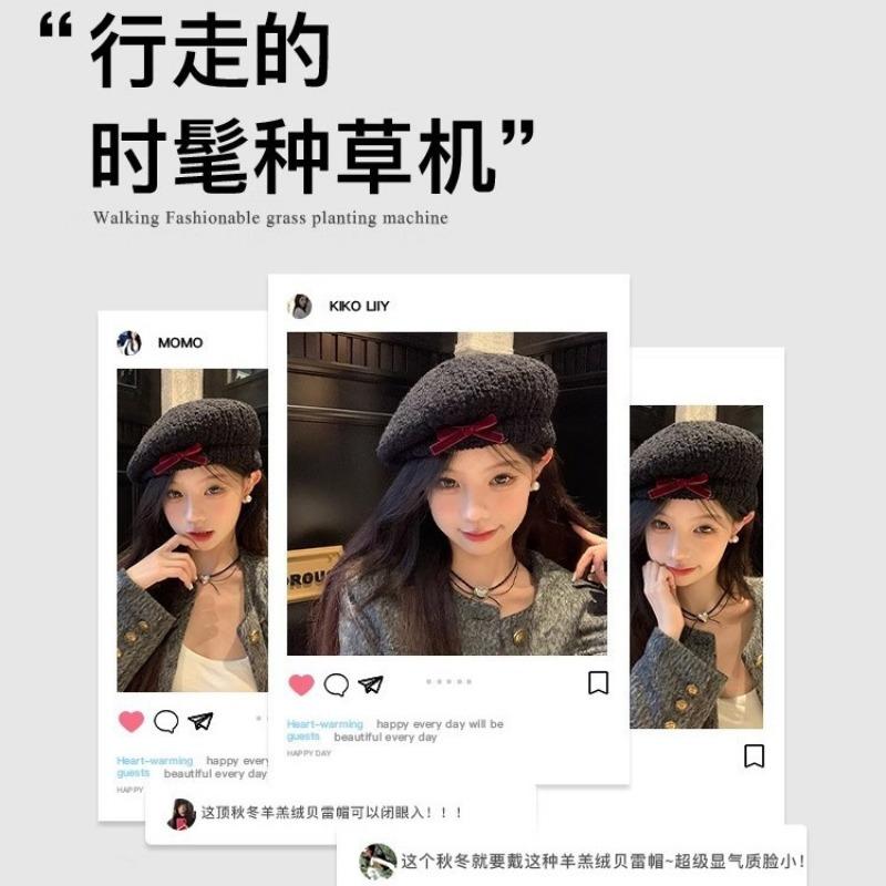 Плюшевый берет с бантом, женская осенне-зимняя новинка, шляпа художника, маленькая шляпка, подчеркивающая лицо