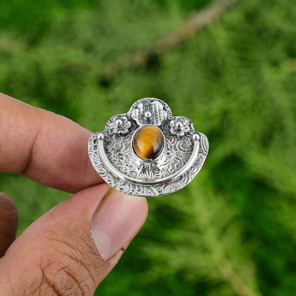 Gift For Her 925 Silver Natural Tiger'S Eye Statement Flower Adjustable Ring