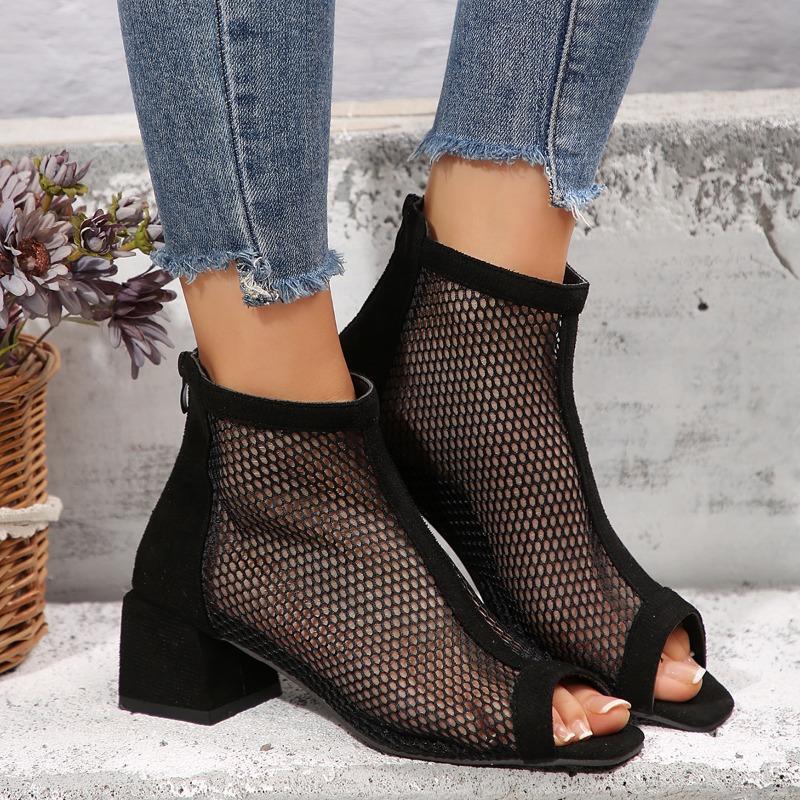 Мода 2024 Лето Ботильоны Zapatos Chaussures Femme Молния Квадратный Высокий Каблук Леопард Женская Обувь Женские Сетчатые Замшевые Ботильоны Размер 43