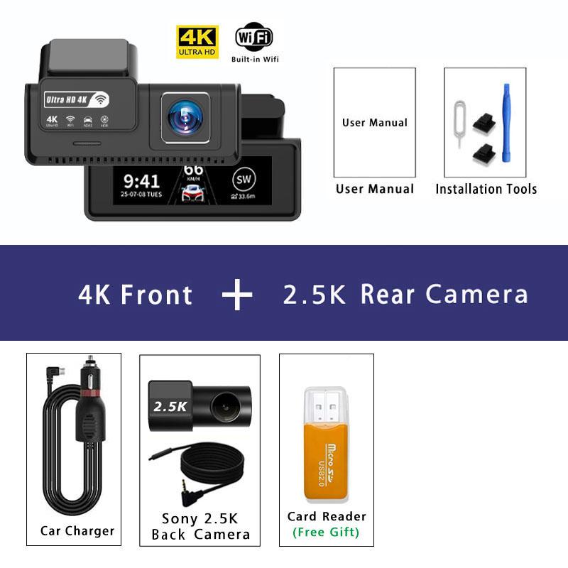 4K+2.5K Dash Cam Dual Lens 2160*3840P Recording Car Camera Built-In WiFi GPS DVR Dashcam Night Vision Video Recorder 24H Parking