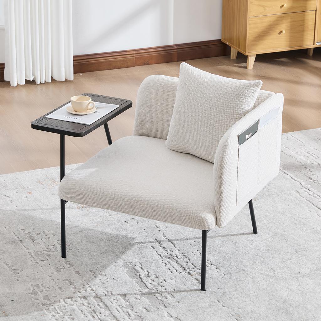 Modern single armchair with comfortable fabric backrest and two storage compartments, complemented by a practical side table.