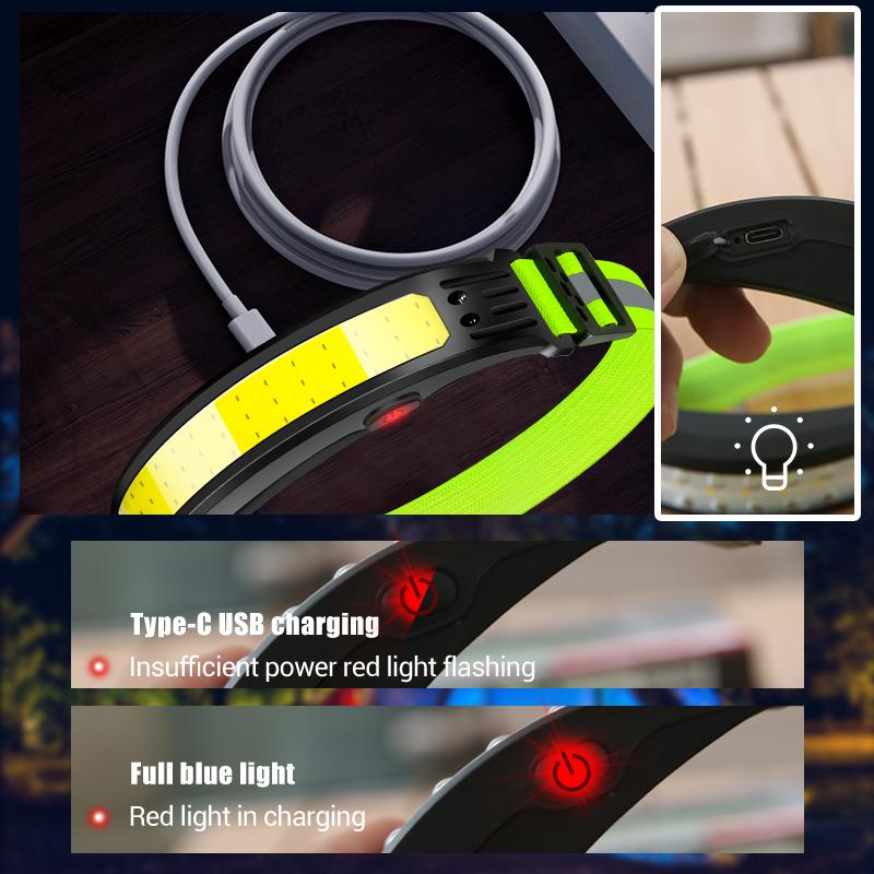 Датчик Мощный светодиодный налобный фонарь COB Фара Водонепроницаемая USB перезаряжаемая налобная лампа Встроенный аккумулятор фонарик Рабочий свет