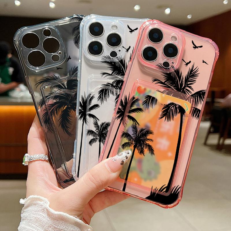 Чехол с прозрачным слотом для карт с узором из кокосовой пальмы для iPhone 16 Pro Max 16E 15 Pro 14 13 12 11, тонкий, ударопрочный, мягкий, силиконовый чехол для телефона
