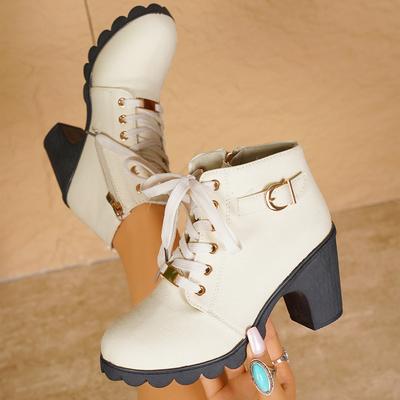 Мода 2025 Новые весенне-осенние женские туфли-лодочки Ботинки Шнуровка Европейские женские туфли Повседневные Высокие каблуки Белые Римский стиль Ботильоны для женщин