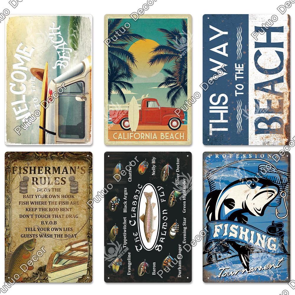 Decor Beach Vintage Plaque Metal Plate Retro Tin Signs Summer Wall Art Poster Seaside Tiki Bar House Room Iron Painting