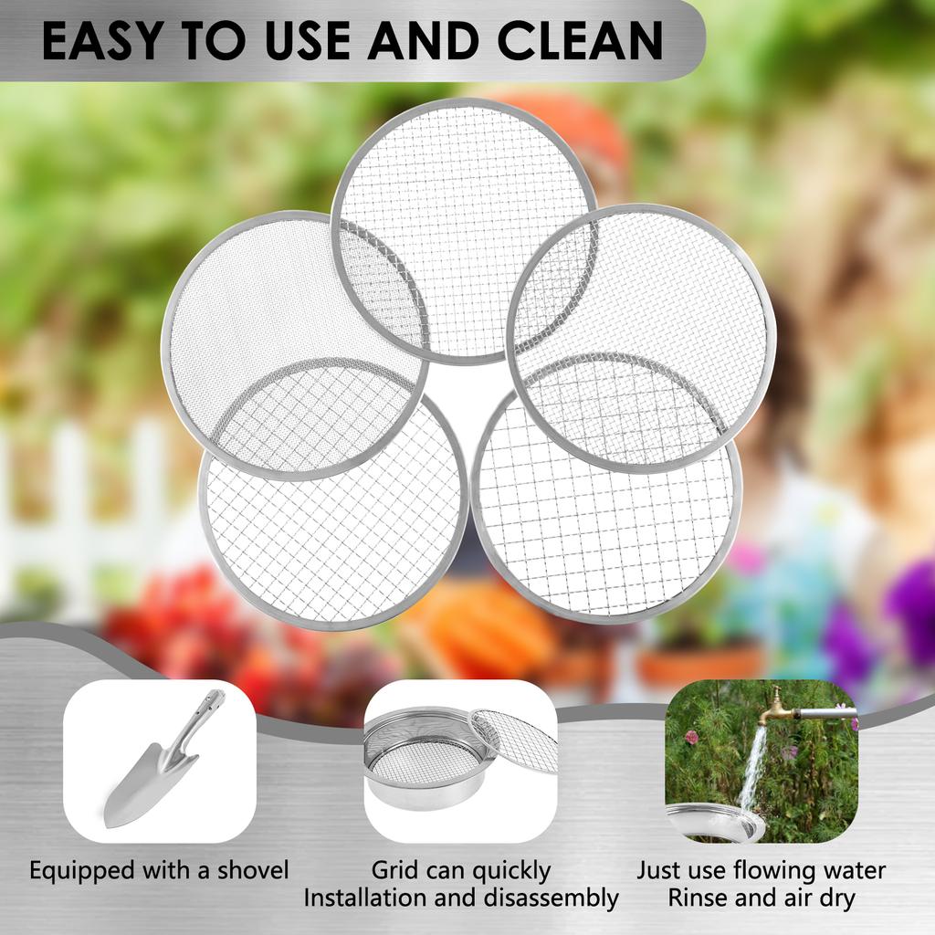 Soil Sieve Set with 9.45inch Diameter 5 Grid Sizes 1/3/6/9/12mm Interchangeable Meshes Stainless Steel Riddle Sieve Set with