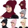 Women Winter Thickened Lining Hat Thermal Balaclava Hood Scarf with Visor Knitted Caps with Pom Pom