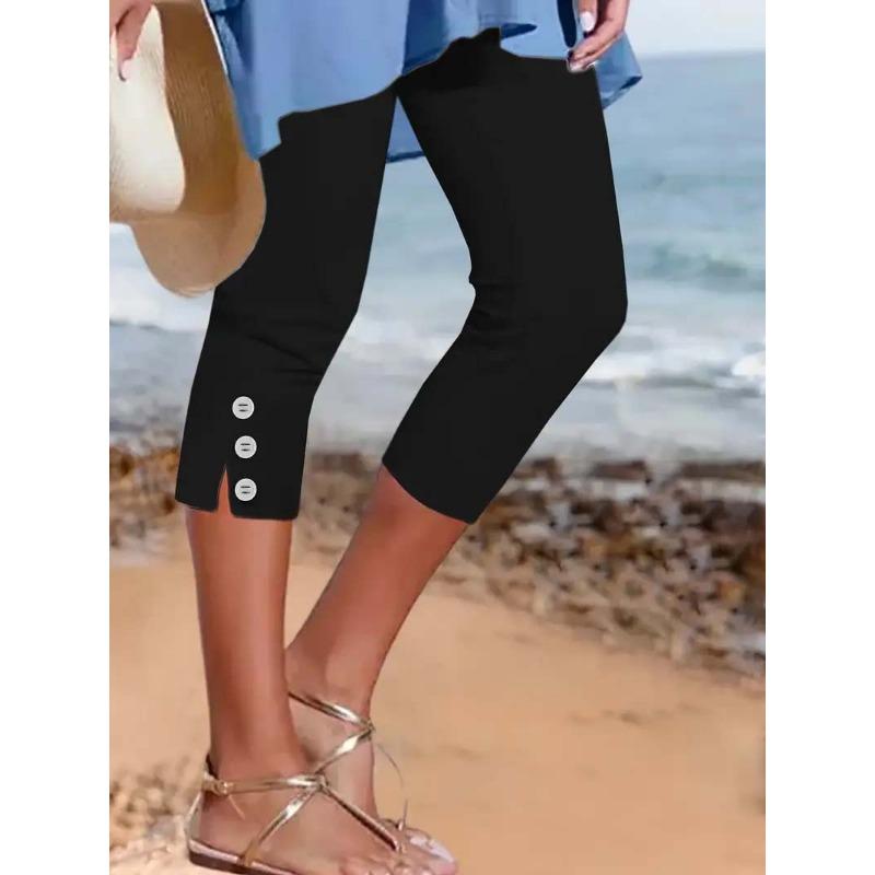 Летние эластичные однотонные брюки-капри со средней талией, обтягивающие модные и сексуальные повседневные брюки на пуговицах