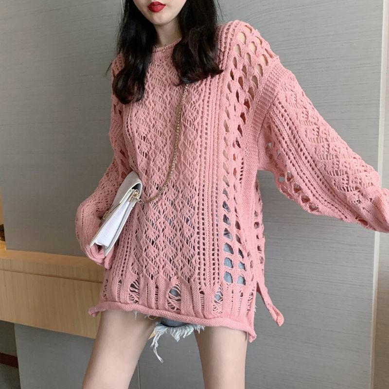 Весна Осень Длинный рукав Верхняя одежда Свободная трикотажная женская ленивый стиль загнутый край ажурная трикотажная рубашка