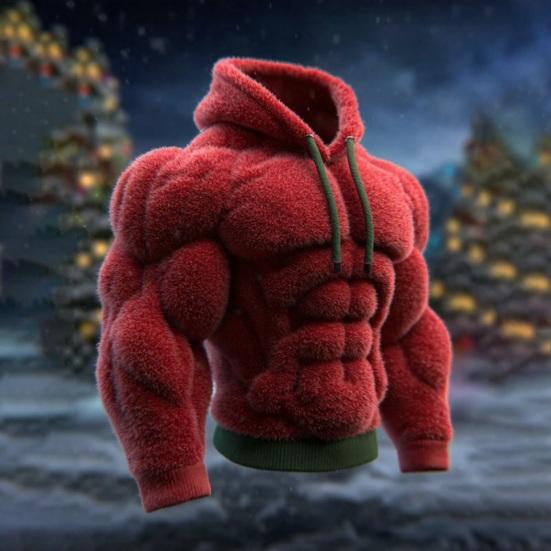 Мужское худи с мускулами, фланелевая толстовка с капюшоном и карманом-кенгуру, забавный пуловер для рождественского костюма, уличная одежда для вечеринки