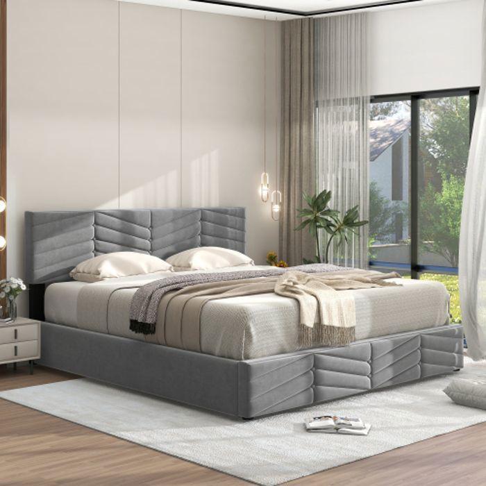 Lit double - MUVOE - 140 x 190 cm - Tête de lit réglable - Velours - Fonction de stockage hydraulique