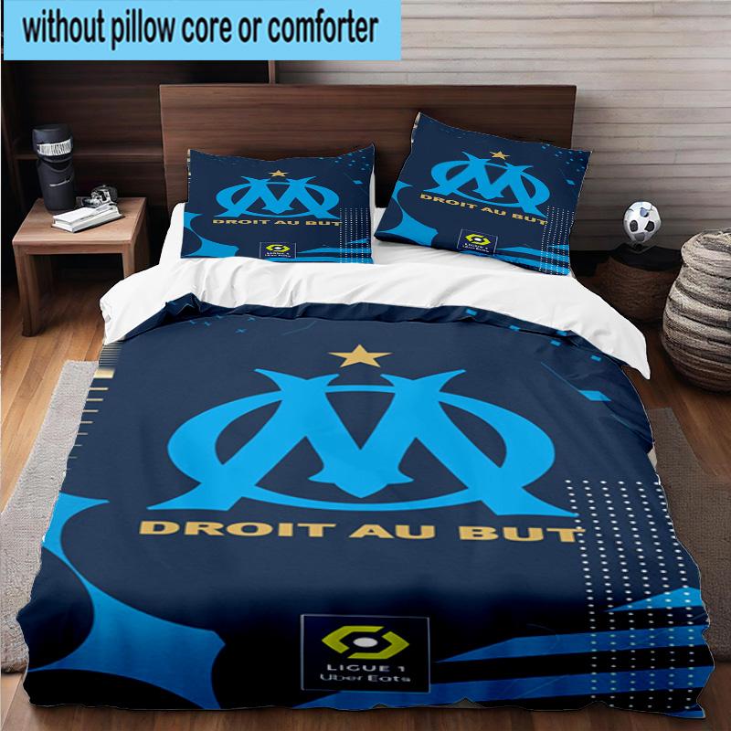 3pcs Olympique Football Crest Printed Bedding Set Duvet Cover Closure Includes 1 Duvet Cover & 2 Pillowcases Bedding Sets Home Decor Gifts