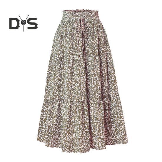 Женская юбка, эластичная, с высокой талией, на шнуровке, юбка-лето, в стиле бохо, с цветочным принтом, оборками, низом, длинная юбка