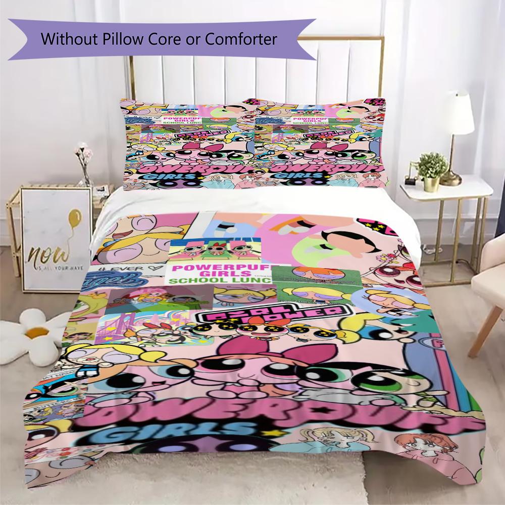 1PC The Powerpuff Girls Bedding Quilt Set Quilt Cover Pillowcase Home Decoration Birthday Gift (1 * duvet cover + 2 * pillowcase, without core)A11