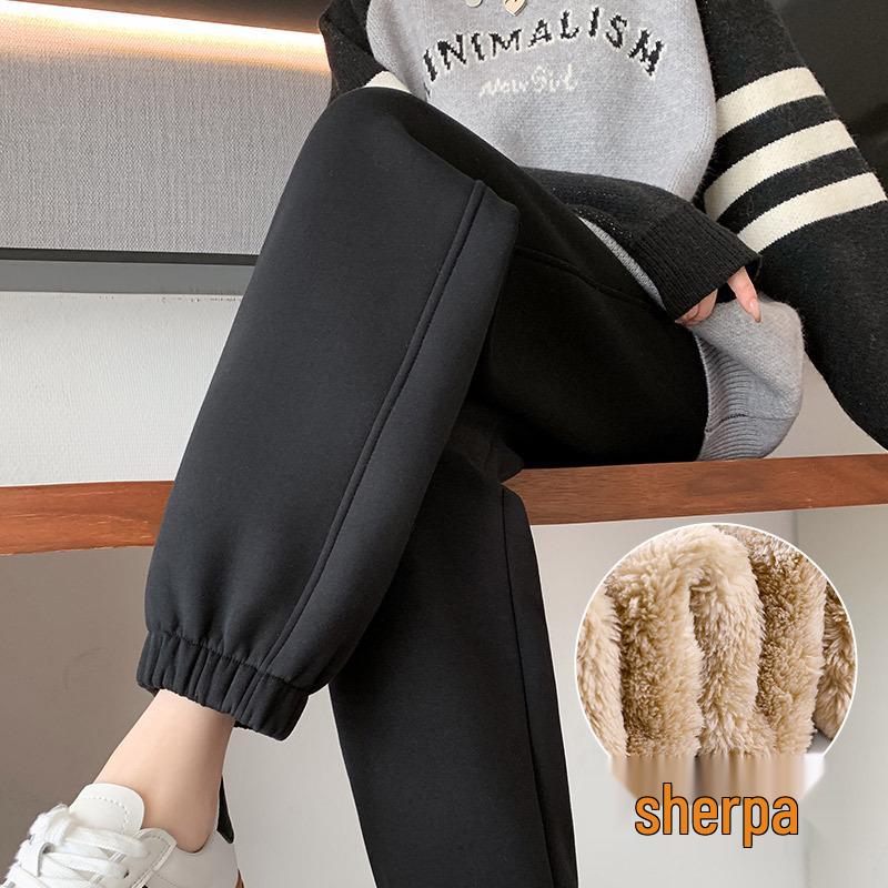 Женские флисовые спортивные штаны с высокой посадкой и манжетами - Толстые серые джоггеры для осени/зимы 2024