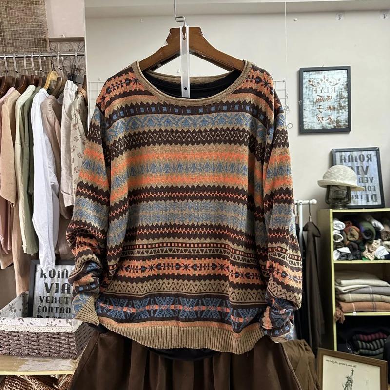 Sweater for Women Autumn Winter Thickened Pullover Warm Knitted Striped Crew Neck Base Layer Stretchy Long Sleeve Oversize Jumper Tops