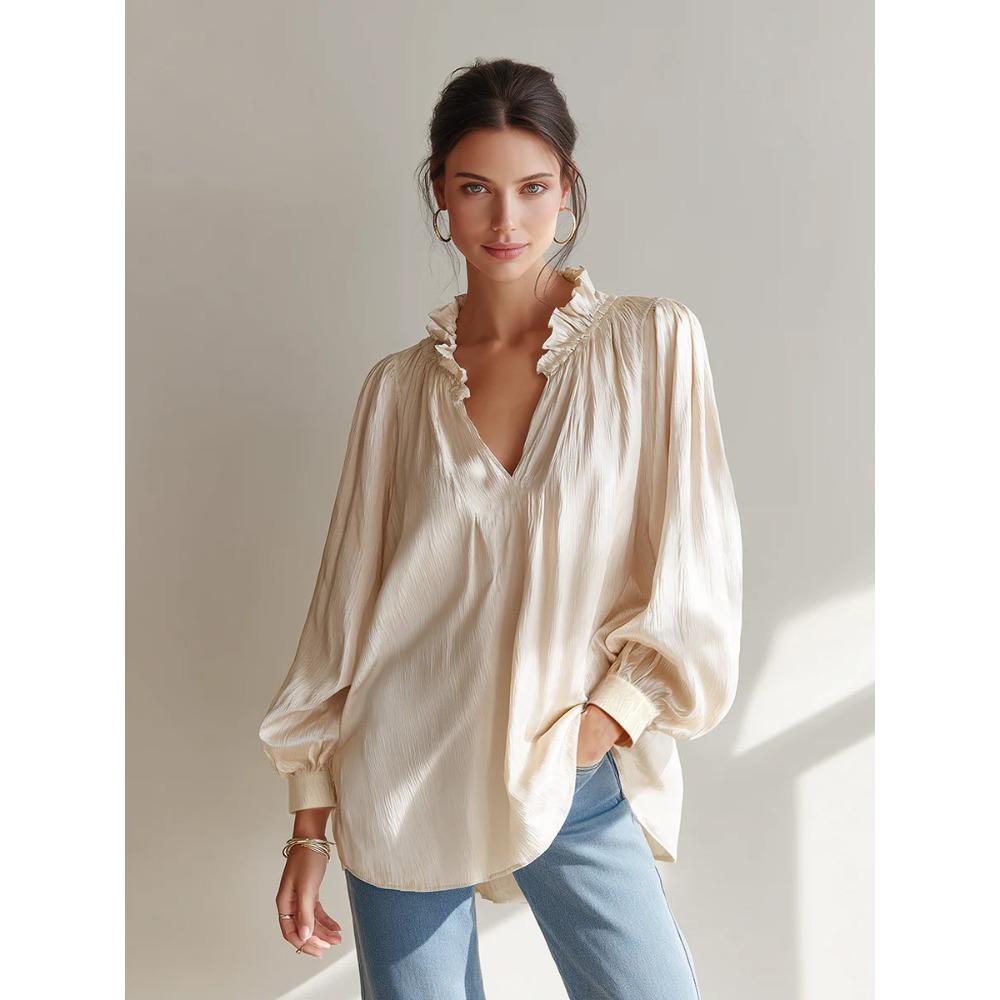 New Arrival Women’s V-neck Ruffled Long-sleeved Loose-fit Casual Shirt Top