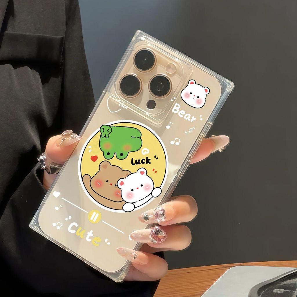 Прозрачный чехол с квадратной задней стенкой и защитой боковых граней для iPhone 16 ProMax 15 Plus 12 13 11 14 Pro Max, не подверженный окислению, с рисунком диска 'Маленький медвежонок'