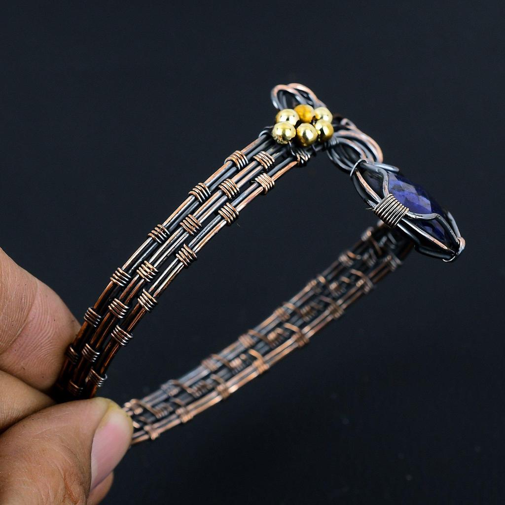 Браслет с синим сапфиром, Браслет с драгоценным камнем ручной работы, Антикварные украшения, обернутые медной проволокой 999 пробы, Для подарка на помолвку