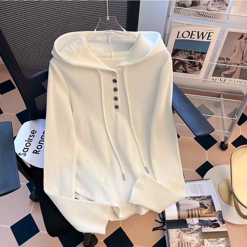 Plus Size 240 Jin Loose Fit Drawstring Hooded Long Sleeve Women's T-shirt - Spring/Autumn Slimming Base Top