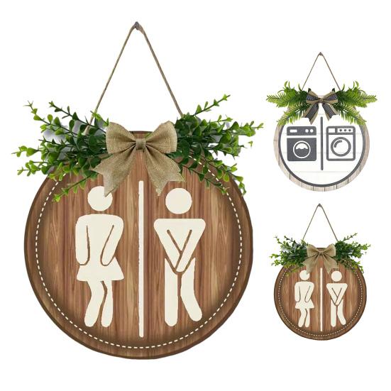 Деревянный гендерный тег Yousheng, знак для туалета, прачечной с бантом, деревенский подвесной знак с искусственными зелеными листьями для декора ванной комнаты и прачечной