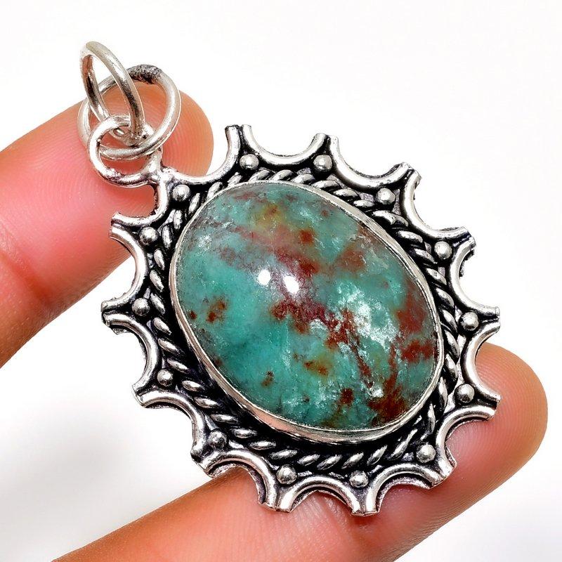 Chrysoprase Gemstone 925 Silver Plated Handmade Jewelry Pendant 1.89"